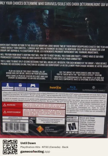 Until Dawn PlayStation 4, Canada box back