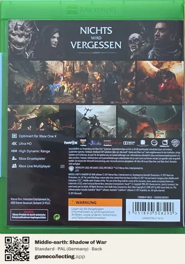 Middle-earth: Shadow of War Xbox One, Germany box back
