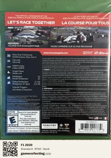 F1 2020 Xbox One, NTSC box back