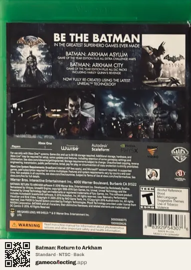Batman: Return to Arkham Xbox One, NTSC box back