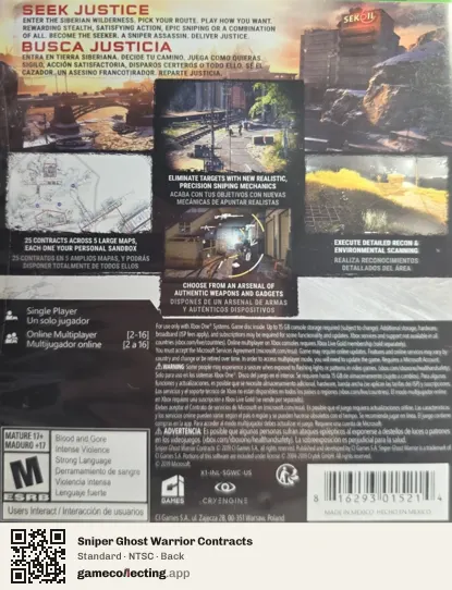 Sniper Ghost Warrior Contracts Xbox One, NTSC box back