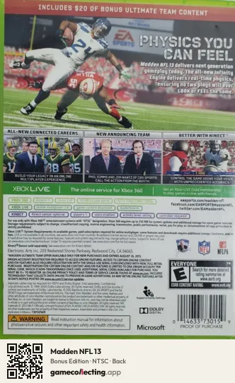 Madden NFL 13 Xbox 360, NTSC box back
