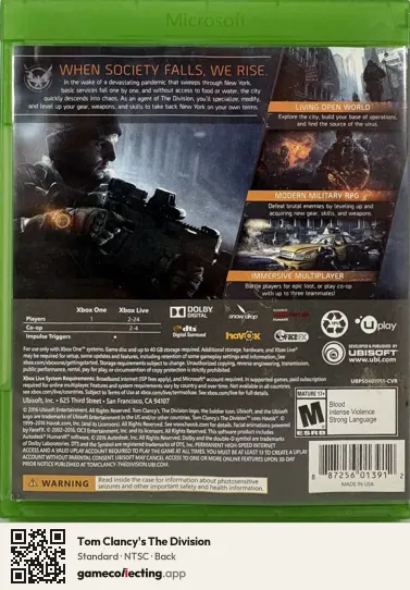 Tom Clancy's The Division Xbox One, NTSC box back