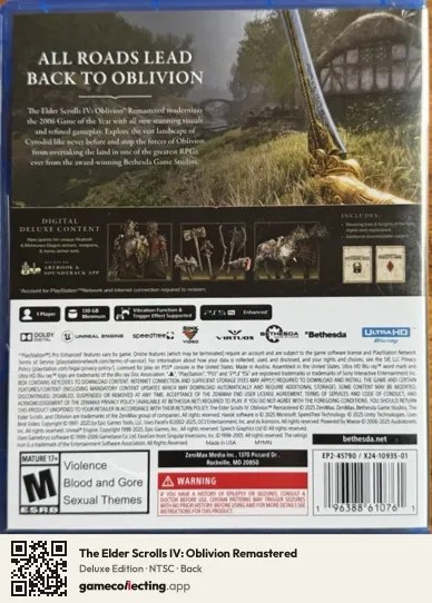The Elder Scrolls IV: Oblivion Remastered PlayStation 5, NTSC box back