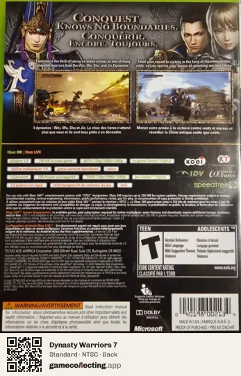 Dynasty Warriors 7 Xbox 360, NTSC box back