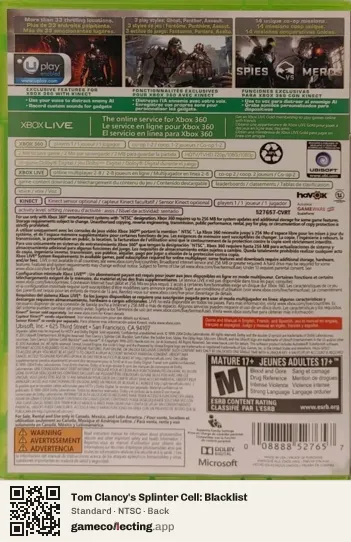 Tom Clancy's Splinter Cell: Blacklist Xbox 360, NTSC box back