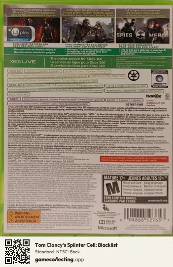 Tom Clancy's Splinter Cell: Blacklist Xbox 360, NTSC box back