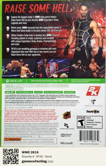 WWE 2K16 Xbox 360, NTSC box back
