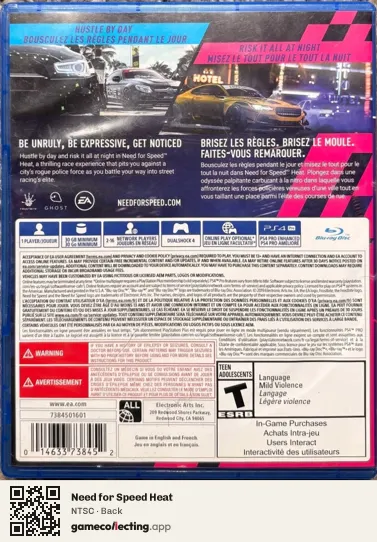 Need for Speed Heat PlayStation 4, NTSC box back