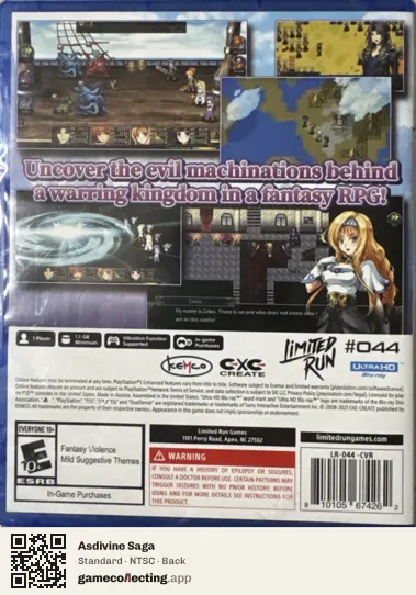 Asdivine Saga PlayStation 5, NTSC box back