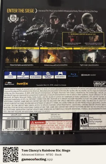 Tom Clancy's Rainbow Six: Siege PlayStation 4, NTSC box back