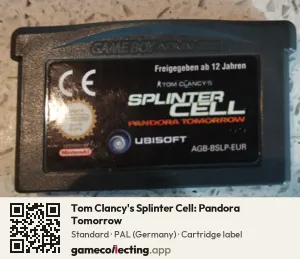 Tom Clancy's Splinter Cell: Pandora Tomorrow Game Boy Advance, PAL cartridge label