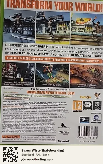 Shaun White Skateboarding Xbox 360, PAL box back