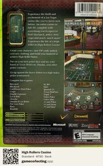High Rollers Casino Xbox, NTSC box back