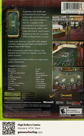 High Rollers Casino Xbox, NTSC box back