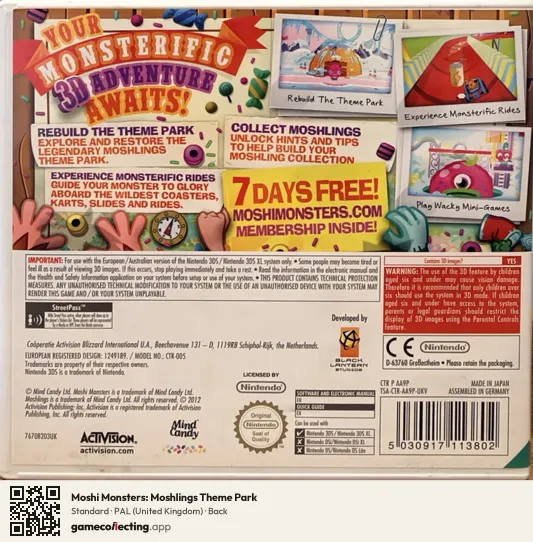 Moshi Monsters: Moshlings Theme Park Nintendo 3DS, United Kingdom box back