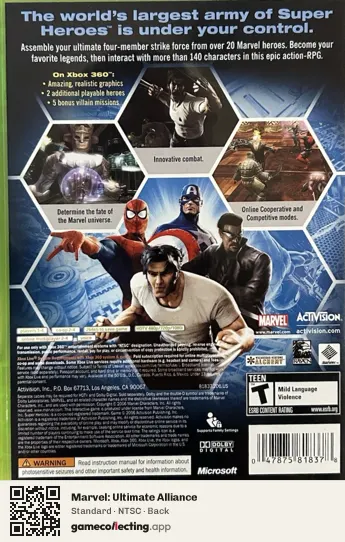 Marvel: Ultimate Alliance Xbox 360, NTSC box back