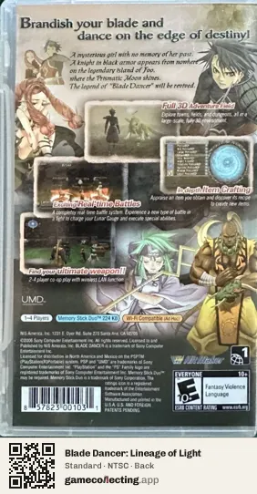 Blade Dancer: Lineage of Light PlayStation Portable, NTSC box back