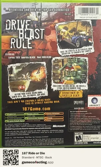 187 Ride or Die Xbox, NTSC box back