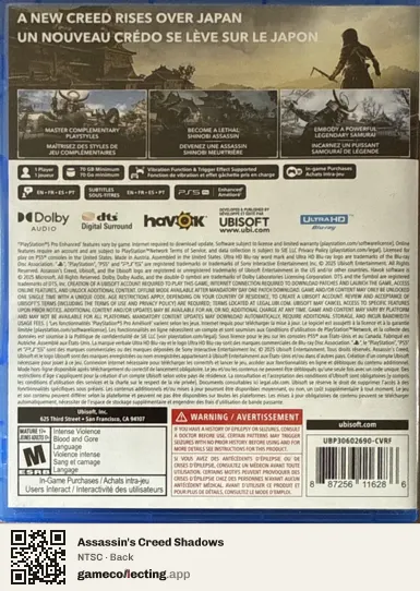 Assassin's Creed Shadows PlayStation 5, NTSC box back