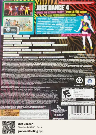 Just Dance 4 Xbox 360, NTSC box back