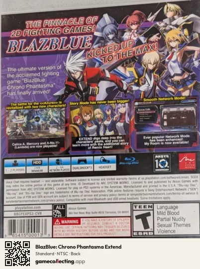 BlazBlue: Chrono Phantasma Extend PlayStation 3, NTSC box back