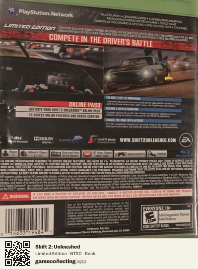 Shift 2: Unleashed PlayStation 3, NTSC box back