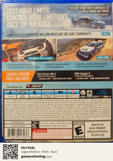 Dirt Rally PlayStation 4, NTSC box back