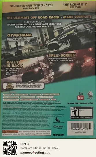 Dirt 3 Xbox 360, NTSC box back