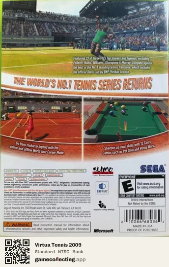 Virtua Tennis 2009 Xbox 360, NTSC box back