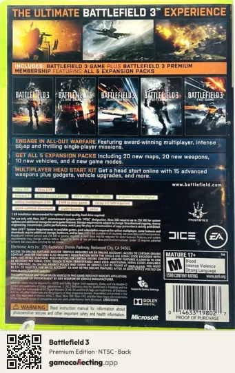 Battlefield 3 Xbox 360, NTSC box back