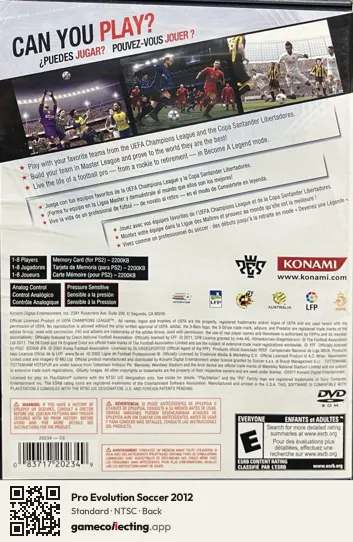 Pro Evolution Soccer 2012 PlayStation 2, NTSC box back