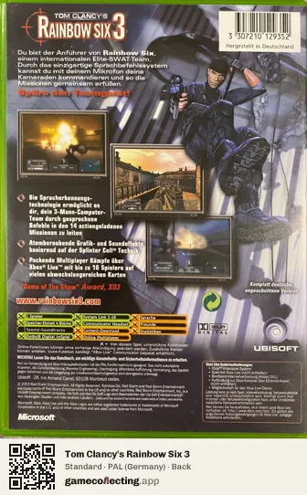 Tom Clancy's Rainbow Six 3 Xbox, Germany box back