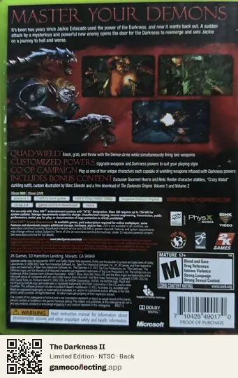 The Darkness II Xbox 360, NTSC box back