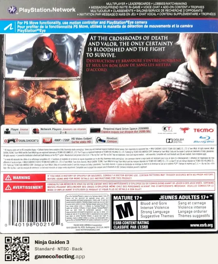 Ninja Gaiden 3 PlayStation 3, NTSC box back
