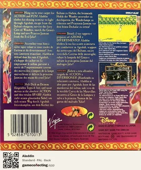 Aladdin Game Boy, PAL box back