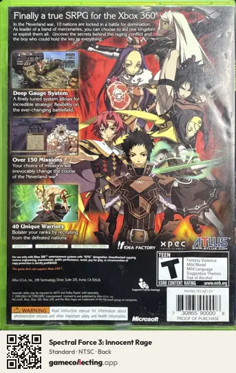Spectral Force 3: Innocent Rage Xbox 360, NTSC box back
