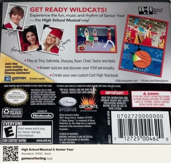 High School Musical 3: Senior Year Nintendo DS, NTSC box back