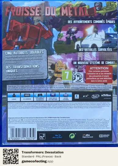 Transformers: Devastation PlayStation 4, France box back