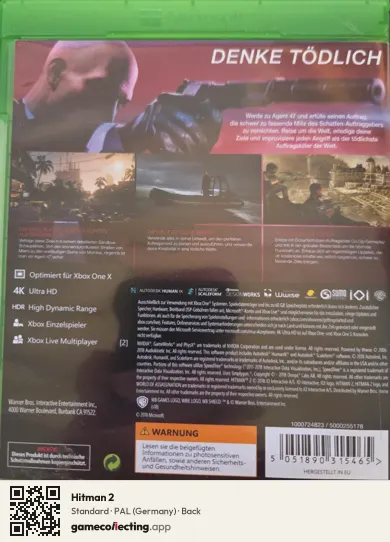 Hitman 2 Xbox One, Germany box back