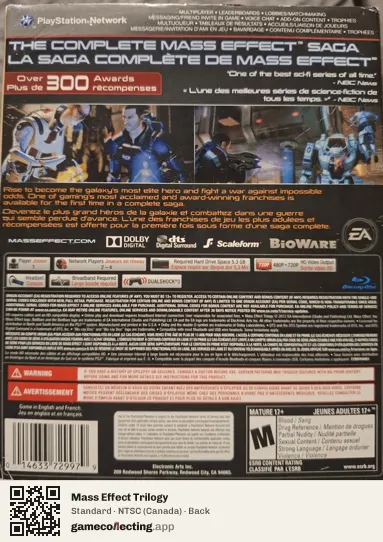 Mass Effect Trilogy PlayStation 3, Canada box back