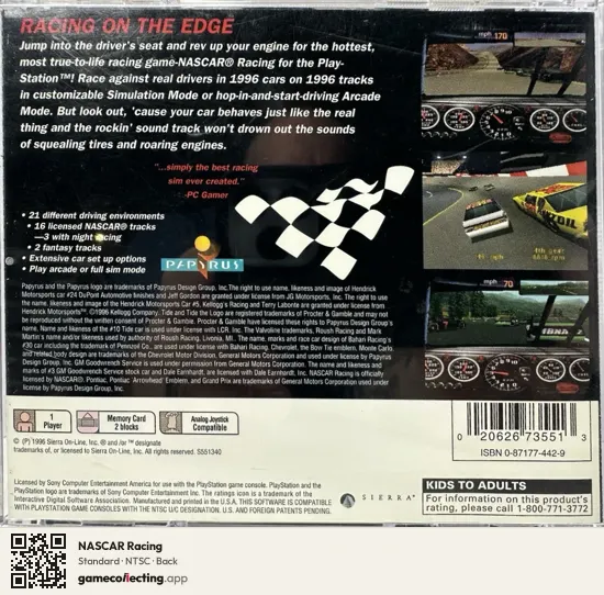 NASCAR Racing PlayStation, NTSC box back