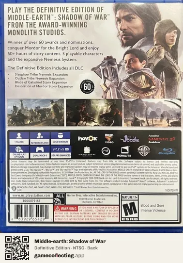 Middle-earth: Shadow of War PlayStation 4, NTSC box back