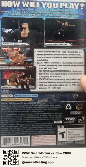 WWE SmackDown vs. Raw 2008 PlayStation Portable, NTSC box back