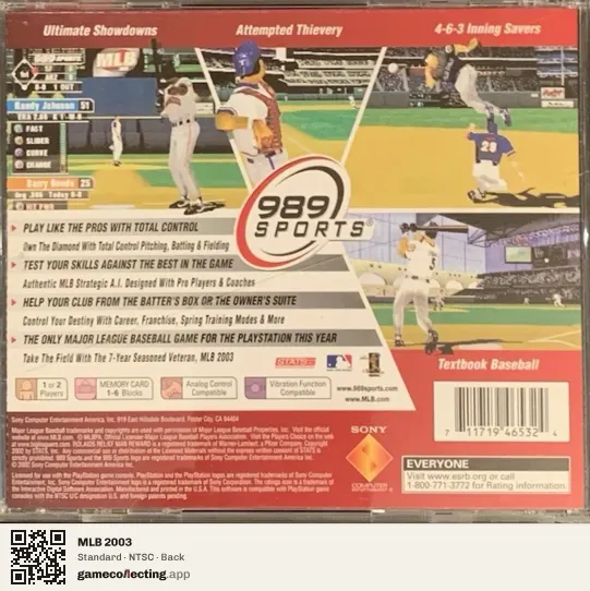 MLB 2003 PlayStation, NTSC box back