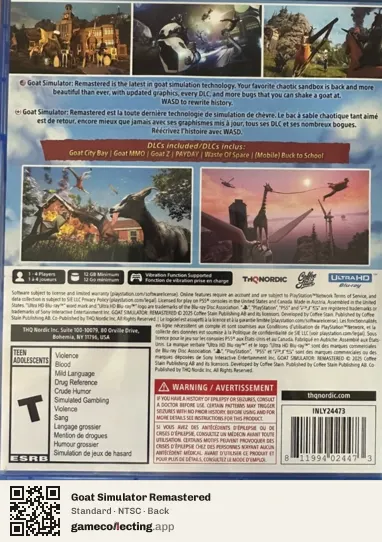 Goat Simulator Remastered PlayStation 5, NTSC box back