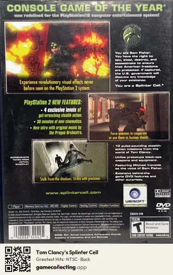Tom Clancy's Splinter Cell PlayStation 2, NTSC box back