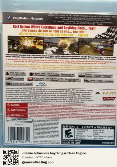 Jimmie Johnson's Anything with an Engine PlayStation 3, NTSC box back
