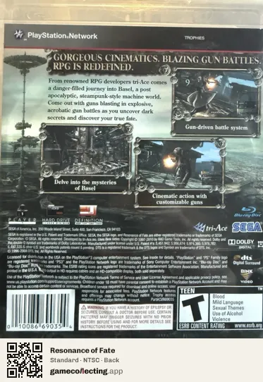 Resonance of Fate PlayStation 3, NTSC box back