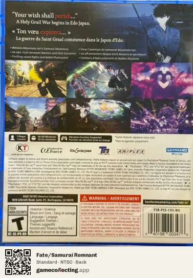 Fate/Samurai Remnant PlayStation 5, NTSC box back